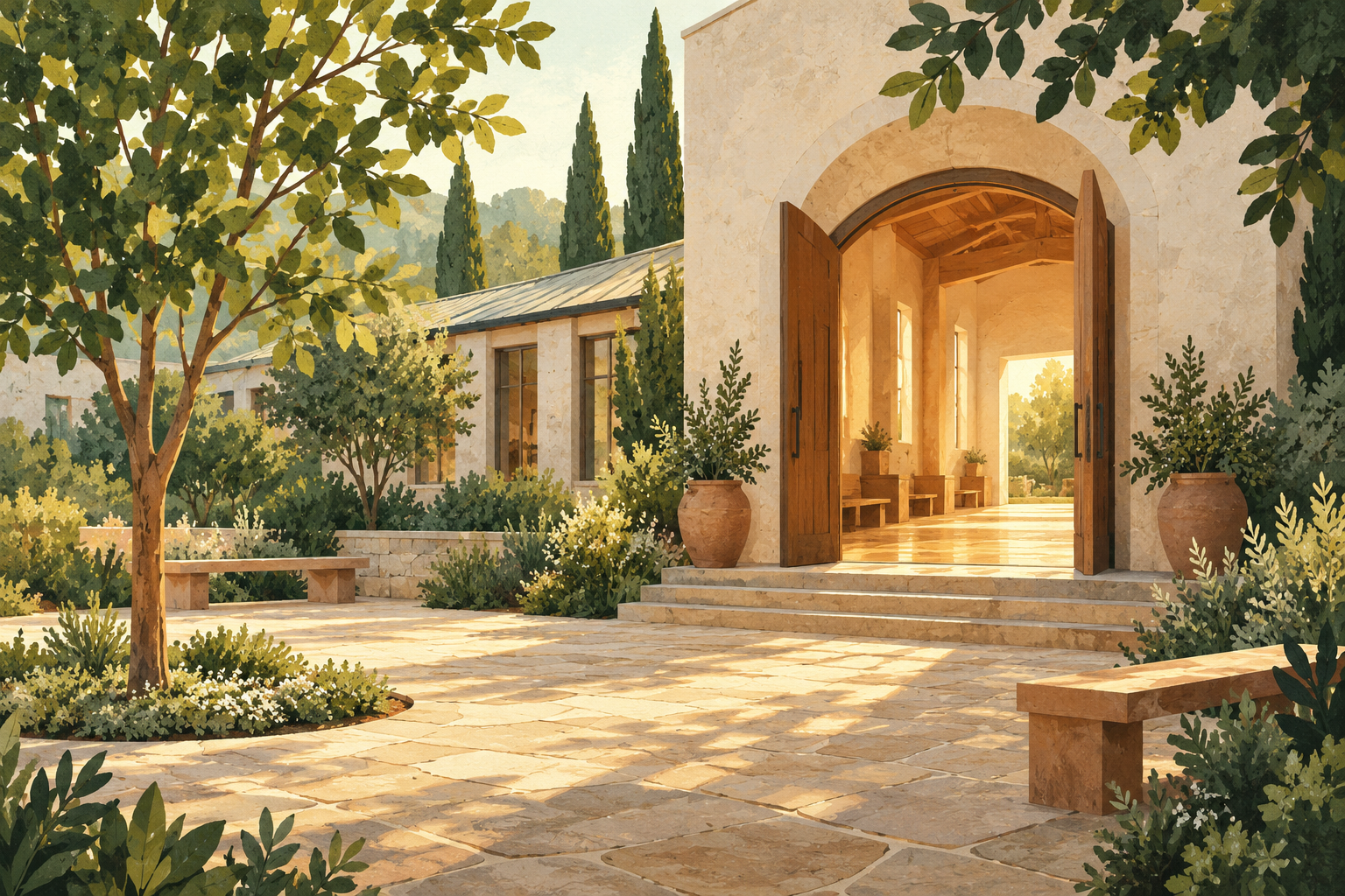 Illustration of a welcoming community building and leafy courtyard