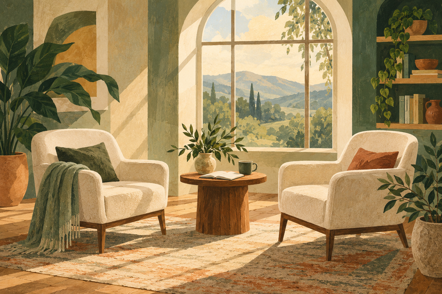 Illustration of two chairs, an open notebook and a calm space for conversation